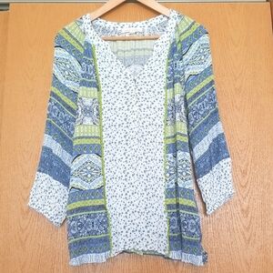 Farmers Market by Oneworld size large gauze peasant boho tunic blue green print.